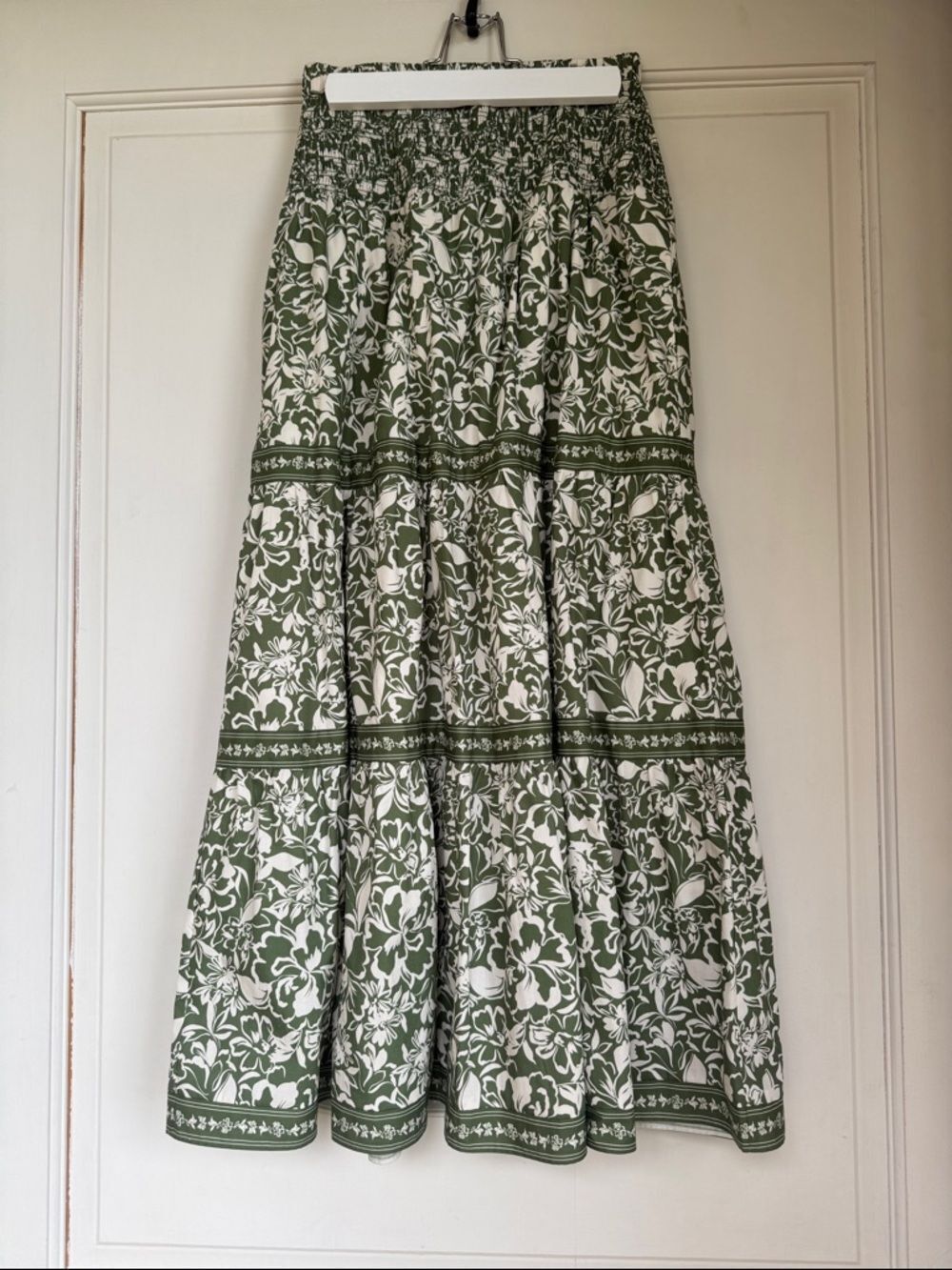 Green and White Floral Tiered Maxi Skirt By Cartolina